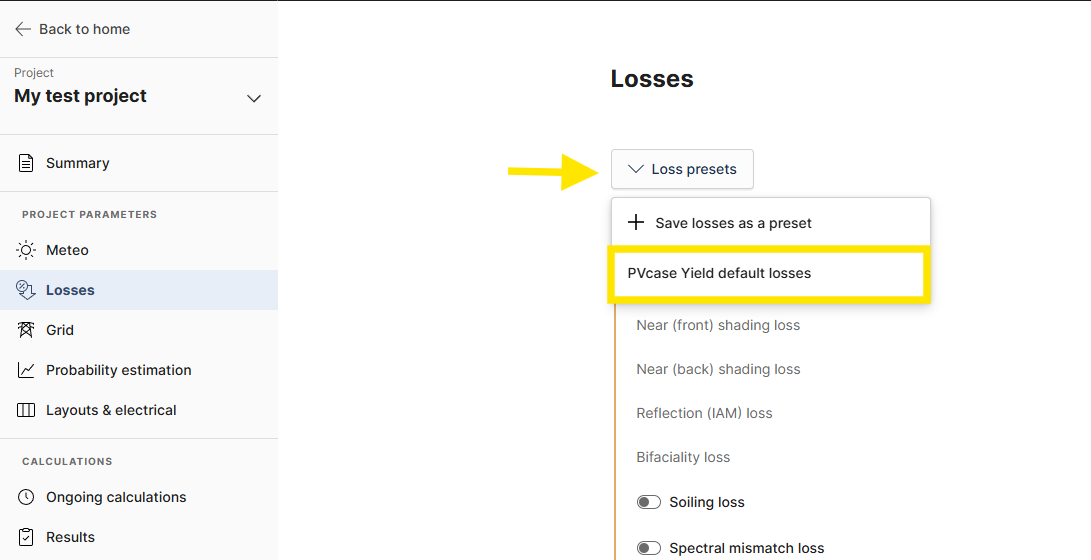 Yield_UsingYield_ProjectSetup_Losses_Default.png